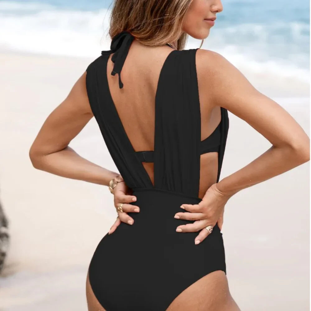 Black Bikini Top & Plunging Ruched Swim Set - Picture 3 of 6